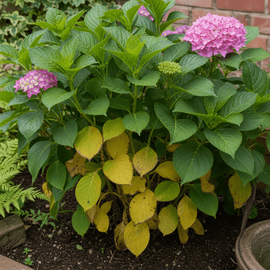 Hydrangea yellow leaves: Normal yellowing of old shaded leaves