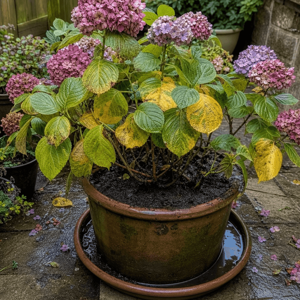Hydrangea yellow leaves: Overwatering and poor drainage