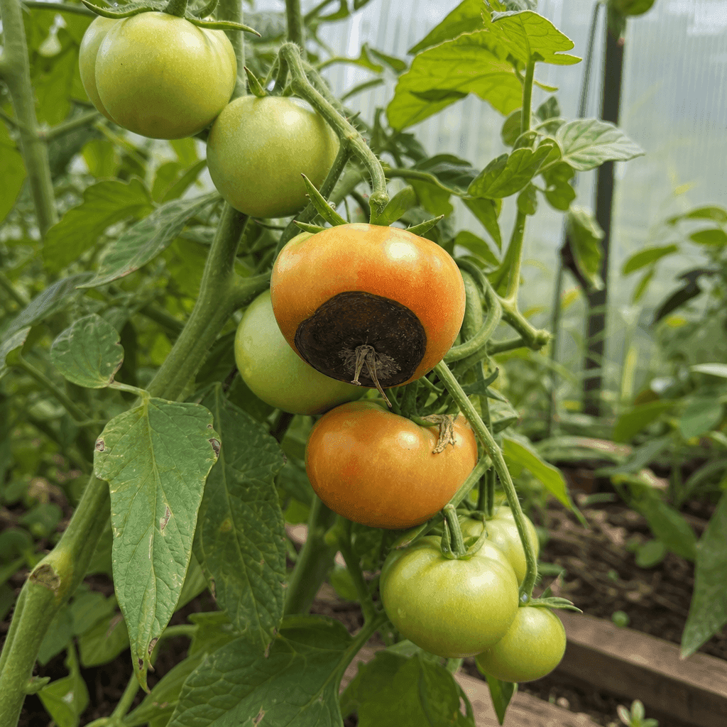 Green tomato fruit with a dark sunken patch at the blossom end, showing that black spots on fruit are different from leaf disease.