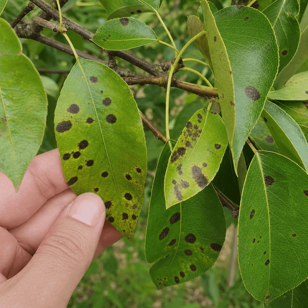 Black spots on pear tree leaves — what to do now