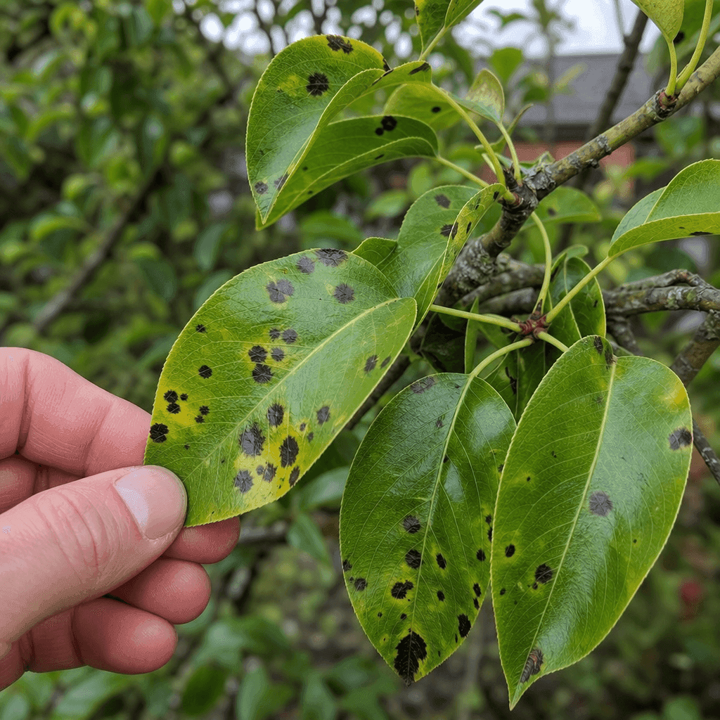 Black spots on pear tree leaves — UK timing notes