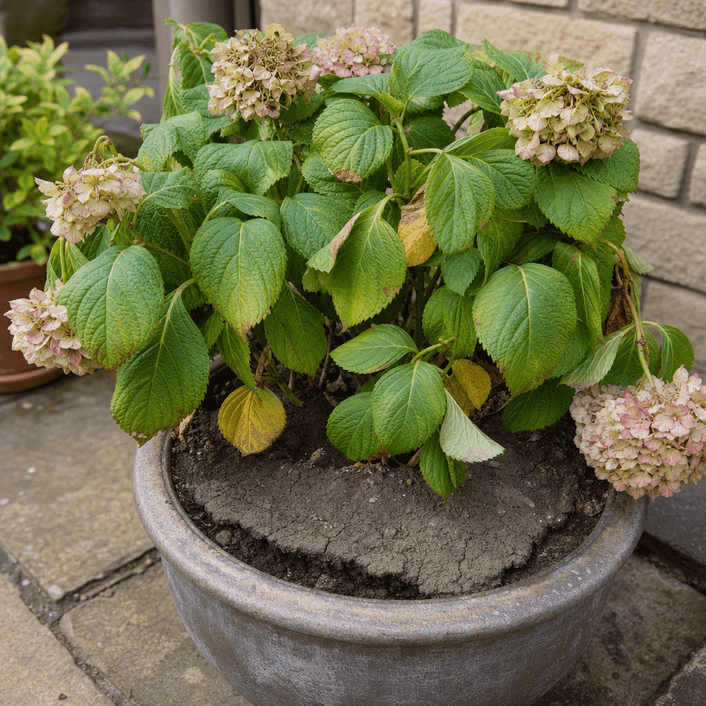 Hydrangea plant wilting: Underwatering and dry rootballs