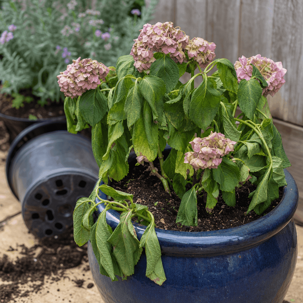 Hydrangea plant wilting: Transplant shock after planting or repotting