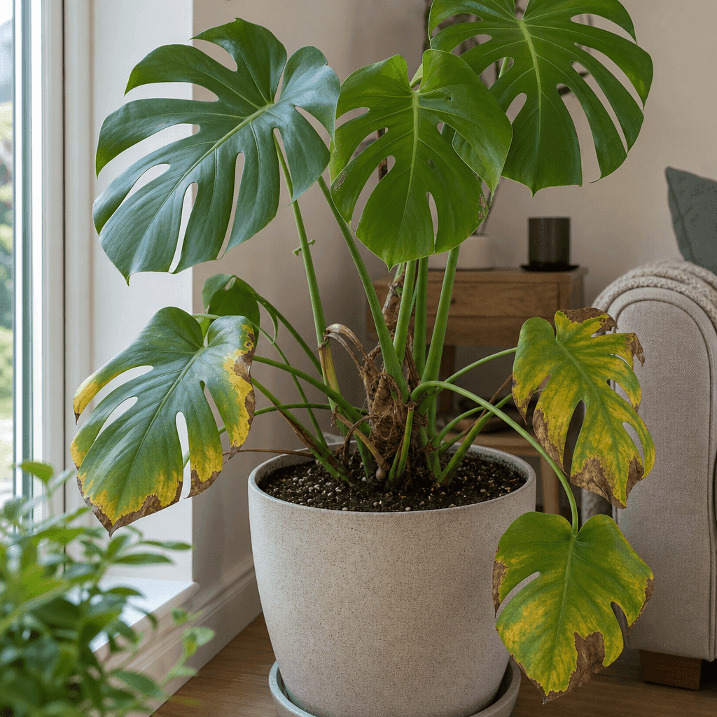 Monstera yellow leaves: Low humidity, heat and brown tips