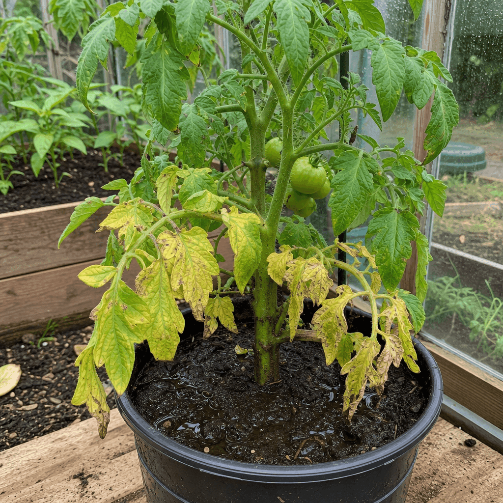 Yellow leaves on tomato plants: Watering stress, both too much and too little