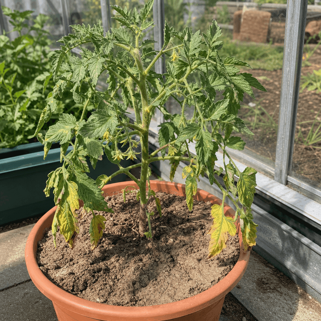 Wilting tomato plant: Heat stress in sun, greenhouse or patio pots