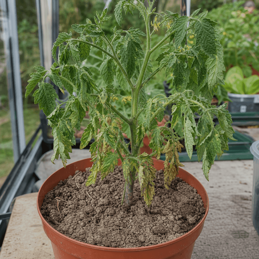 Wilting tomato plant: Underwatering and dry compost